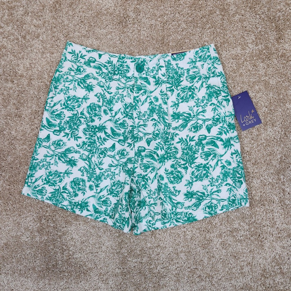 Lark + Grey Shorts Green White Floral Rose Viscose Linen Blend Casual Medium